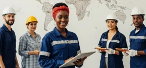Team leader coordinating a diverse international workforce through digital tools, showcasing effective global staff management across Africa, Asia, Europe, and North America.