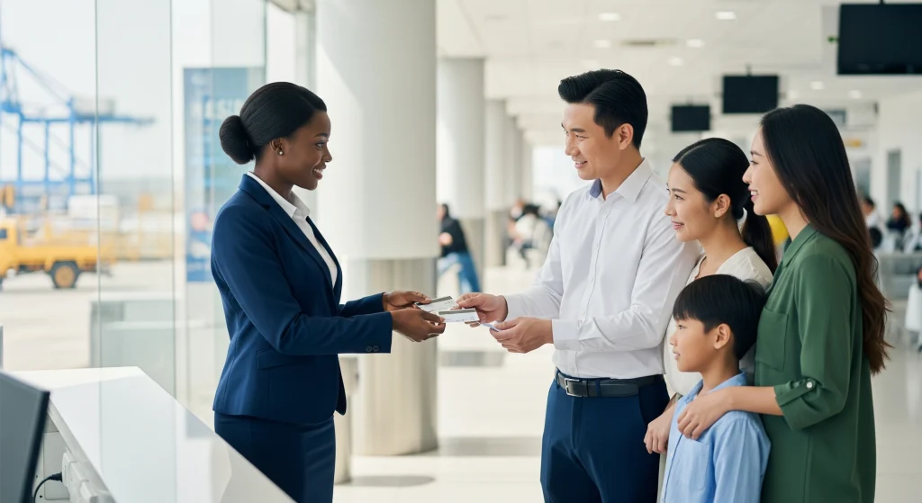 Business travelers at an international airport receiving assistance with immigration documents, symbolizing reliable work permit and visa support services across Africa, Asia, Europe, and North America.