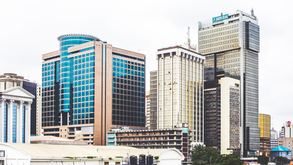 High-rise office buildings in Lagos, Nigeria’s central business district, representing the country’s commercial and financial hub.