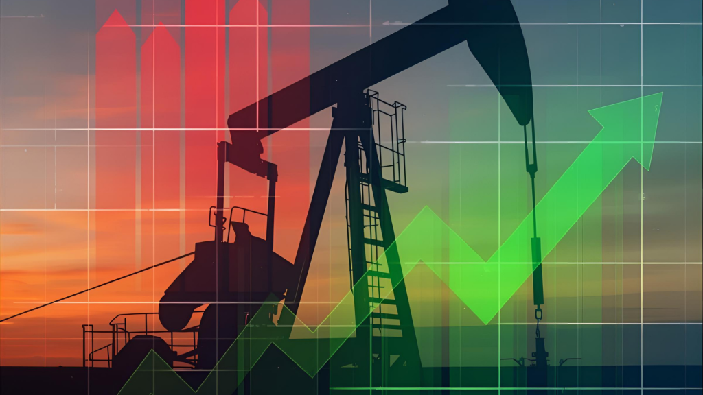 Oil pumpjack silhouette with financial chart overlay, showing rising green arrow and red decline bars, symbolizing the financial impact of offshore logistics efficiency in the oil and gas industry.
