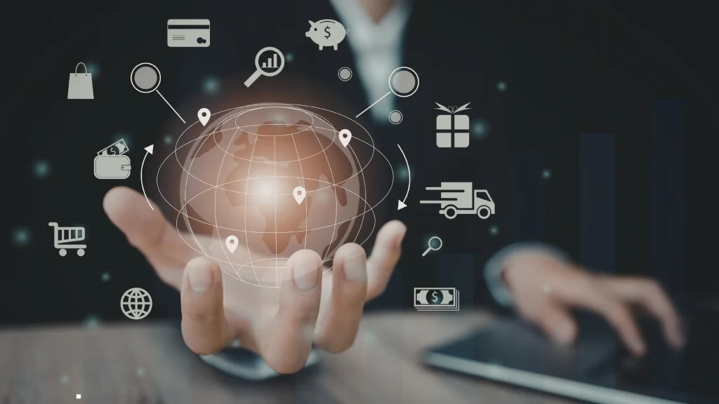 A digital globe surrounded by business icons representing payroll, finance, and logistics, illustrating the decision-making process between EOR vs. PEO for global expansion.