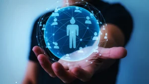 A digital globe showcasing a connected network of people icons, illustrating the global recruitment reach of EOR vs. PEO services.