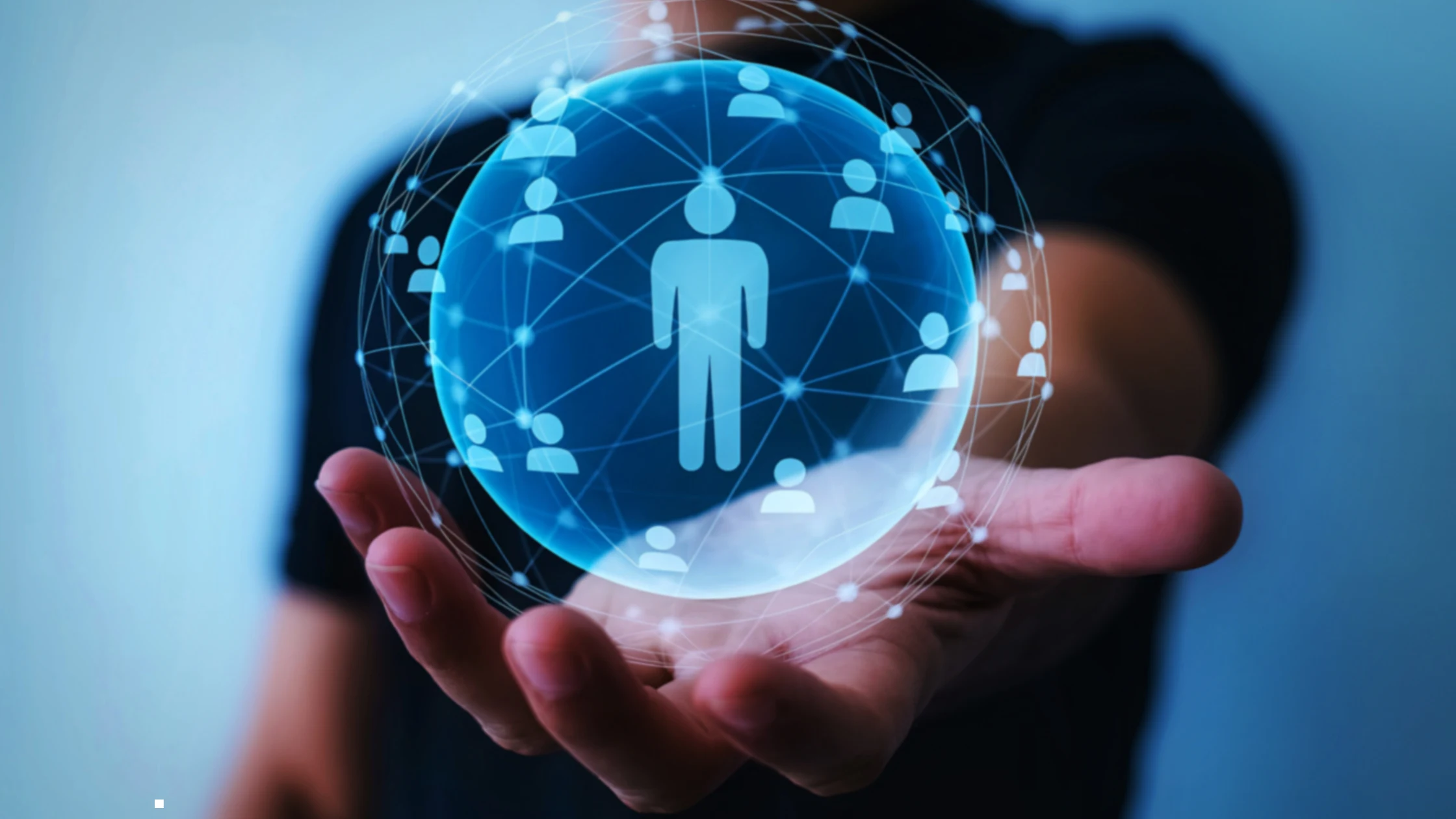 A digital globe showcasing a connected network of people icons, illustrating the global recruitment reach of EOR vs. PEO services.