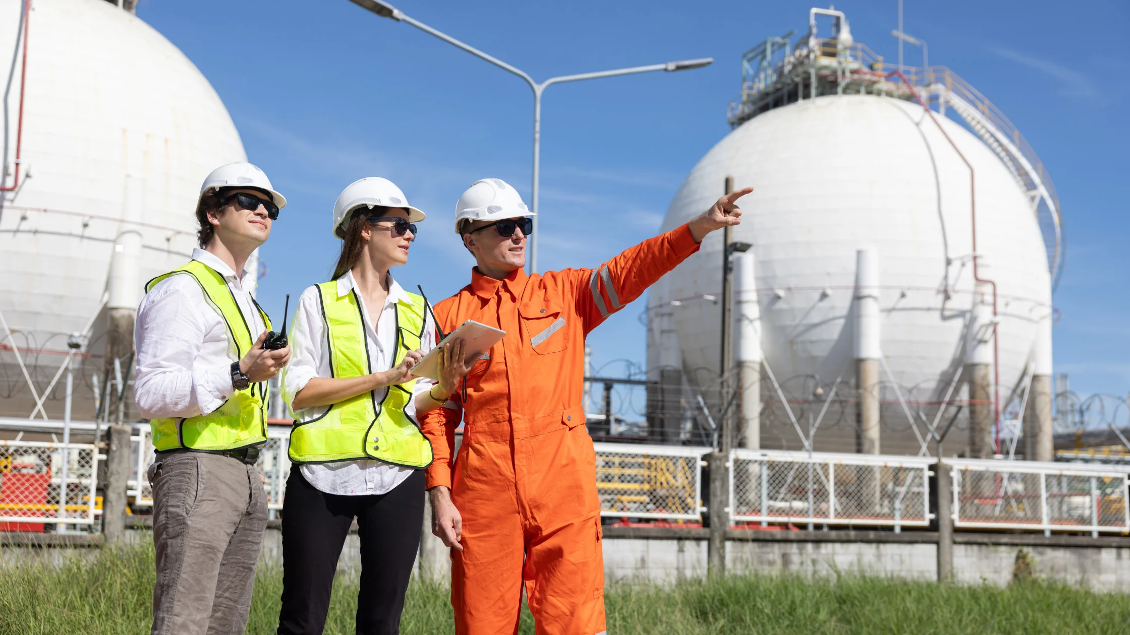 A team of specialized engineers and technical contractors inspecting a spherical storage facility, highlighting the precision required in oil and gas contractor management in Nigeria for offshore and onshore projects.