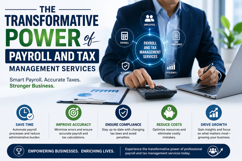 An infographic featuring a professional man in a suit working at a desk with a calculator and laptop, promoting PAYROLL AND TAX MANAGEMENT SERVICES. The image includes the headline "THE TRANSFORMATIVE POWER of PAYROLL AND TAX MANAGEMENT SERVICES." A central network diagram illustrates connections to terms like 'EMPLOYEES,' 'PAYROLL,' 'TAX COMPLIANCE,' 'ACCURACY,' and 'EFFICIENCY.' Below this, five detailed points list the key benefits: SAVE TIME (automate payroll processes), IMPROVE ACCURACY (minimize errors and ensure accurate payroll and tax calculations), ENSURE COMPLIANCE (stay up-to-date with changing tax laws), REDUCE COSTS (optimize resources), and DRIVE GROWTH (gain insights and focus on growing the business). The overall message is 'Smart Payroll. Accurate Taxes. Stronger Business.'
