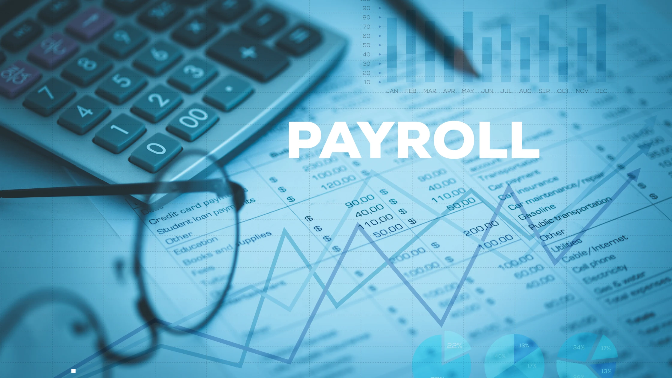 Payroll and tax management concept with calculator, financial documents, and growth charts
