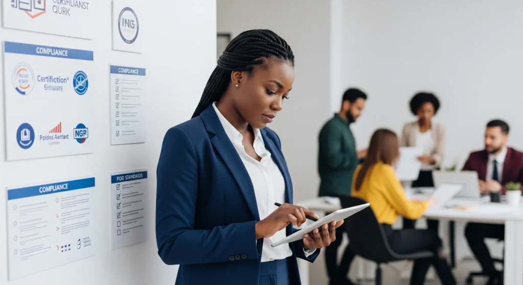 A professional consultant in a corporate office reviewing digital documents on a tablet, representing the meticulous attention to detail required for payroll compliance in Ivory Coast through EOR services.