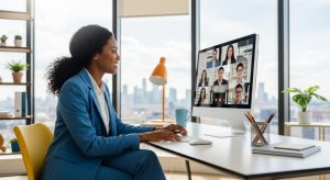 A professional consultant conducting a video conference with a diverse international team, demonstrating the seamless workforce coordination made possible through payroll compliance in Ivory Coast through EOR services