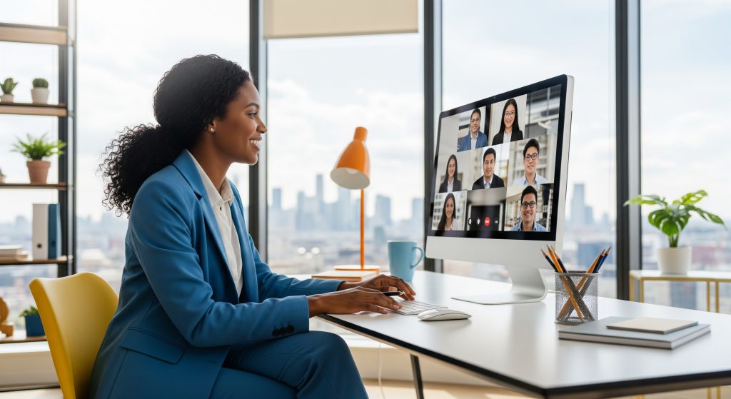 A professional consultant conducting a video conference with a diverse international team, demonstrating the seamless workforce coordination made possible through payroll compliance in Ivory Coast through EOR services