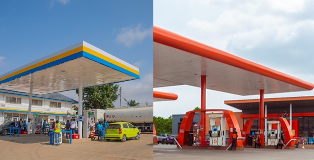 A composite, side-by-side comparison image illustrating Star Oil vs Goil fuel stations, with the blue and yellow-canopied station on the left contrasting with the prominent orange-canopied station on the right, highlighting their different branding and forecourt designs.