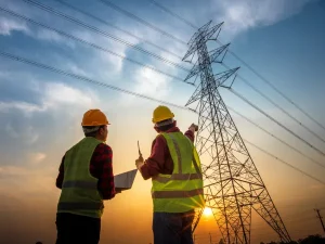 Electrical power transmission engineers inspecting a high-voltage transmission tower and power lines.