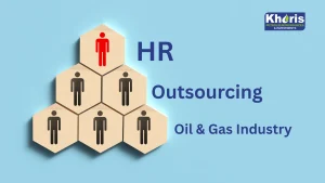 An illustrative image for 'HR Outsourcing in the Oil and Gas Industry' featuring a precise, professional graphic on a light blue background. In the top right is the "Kharis Petroleum Resources & Investments" logo. To the right of the central composition, the bold dark blue text reads 'HR Outsourcing Oil & Gas Industry' on three lines. On the left side, where the people-based icon pyramid was, stands a neatly stacked, highly polished pyramid of six gold bars. The gold pyramid is composed of 6 bars stacked in three rows (a bottom row of 3, a middle row of 2, and a single bar at the apex), creating a visual pun by replacing a pyramid of people icons with a pyramid of substantial wealth, representing the value created by outsourcing.