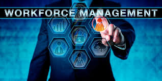 A businessman interacting with a digital interface featuring a 'Workforce Management' banner and HR icons, demonstrating how workforce management boosts offshore project efficiency