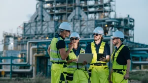 A diverse group of four industrial engineers in hard hats and high-visibility vests collaborating with a laptop and tablet, illustrating global talent deployment managed by an Employer of Record in offshore oil and gas.