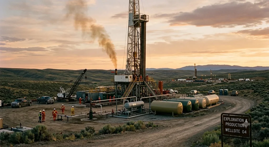 Upstream energy crew working at a drilling rig wellsite, representing global workforce deployment and compliance solutions managed by an Employer of Record in offshore oil and gas operations.