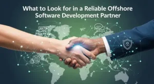 Reliable offshore software development partner: business handshake over a world map